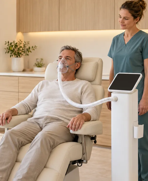 Konzeptillustration: Patient beim Höhentraining mit Atemmaske, eine Mitarbeiterin stellt das Gerät ein