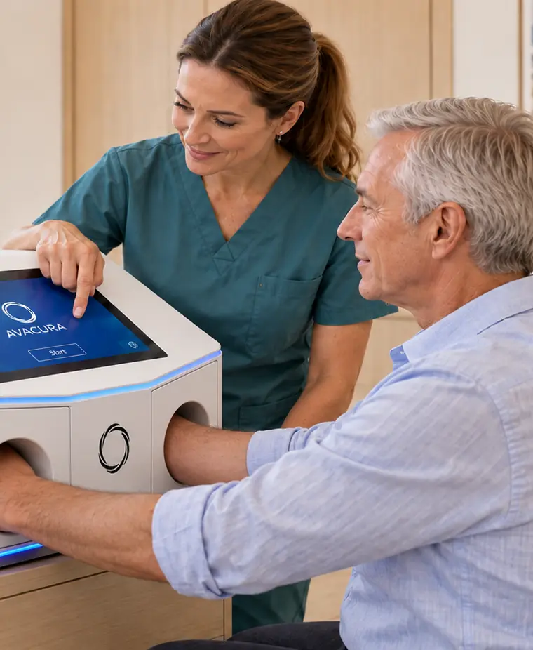 Konzeptillustration: Mitarbeiterin begleitet einen Patienten an einem Thermo-Kontrast-Gerät