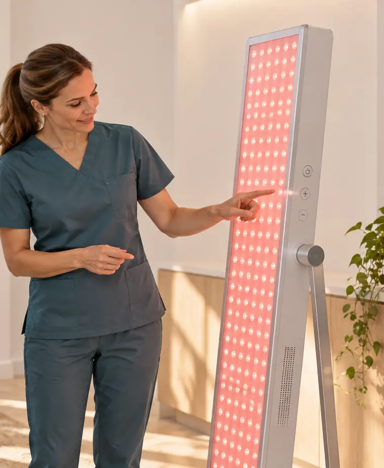 Konzeptillustration: Mitarbeiterin erklärt einem Patienten ein Rotlicht-Paneel
